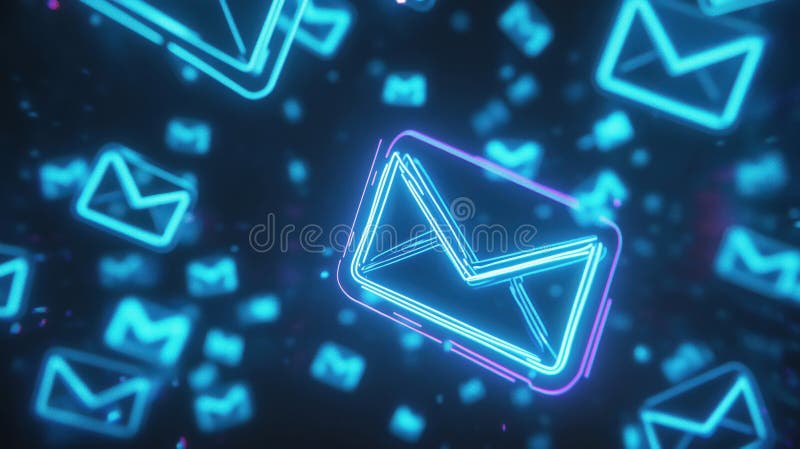 Neon email icons floating in digital space royalty free stock images