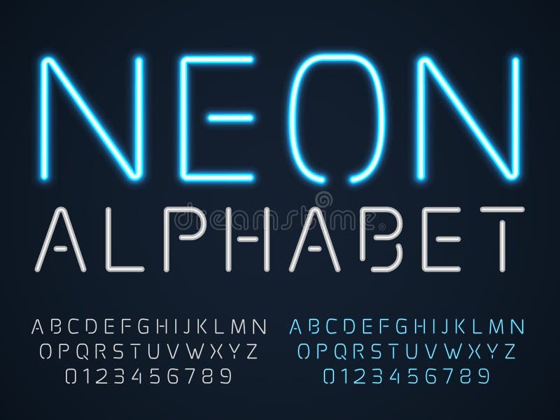 Neon Font. Latin Fluorescent Tubes Latin Alphabet, Glowing Blue Light ...