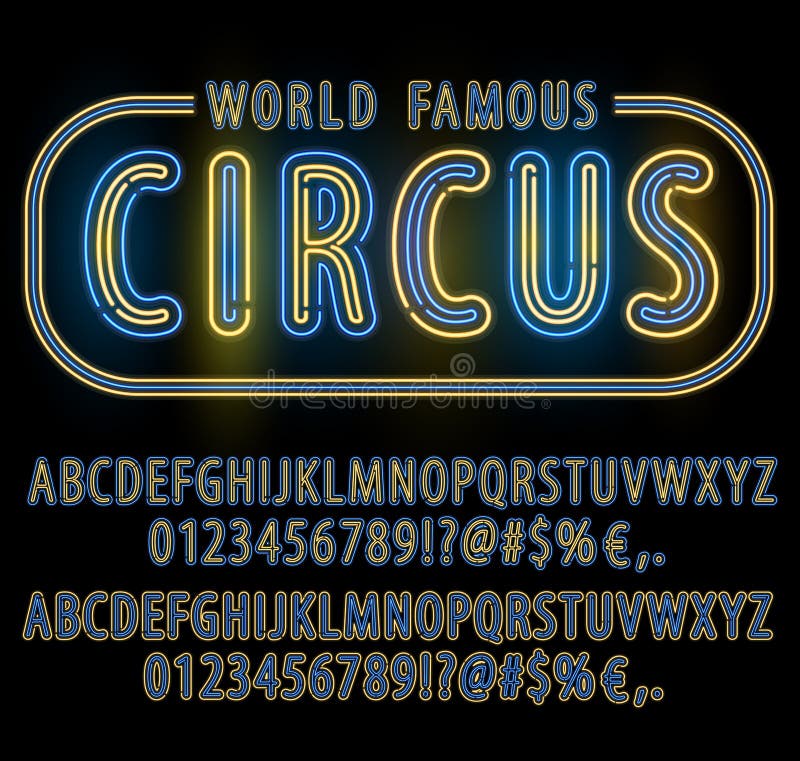 Blue Yellow Circus style Neon Light Double Stroke Alphabet Set for Signs. Realistic vector font set. Blue Yellow Circus style Neon Light Double Stroke Alphabet Set for Signs. Realistic vector font set