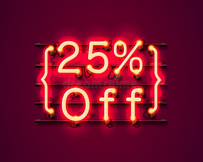 Neon Frame 25 Off Text Banner. Night Sign Board Stock Vector