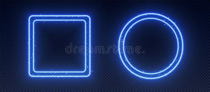 Neon frames, glowing borders with sparkles, blue led circle and square with double borders. royalty free illustration