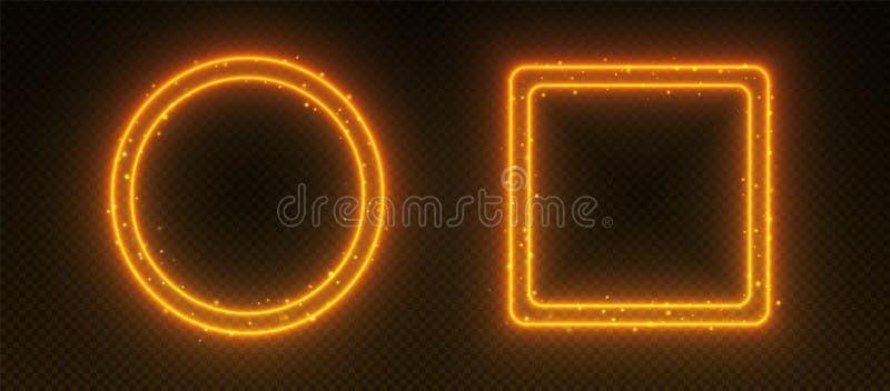 Neon frames, glowing borders with sparkles, orange led circle and square with double borders. stock illustration