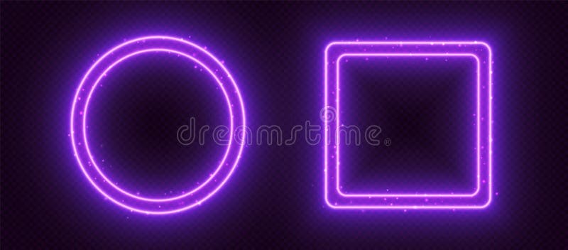 Neon frames, glowing borders with sparkles, purple led circle and square with double borders. royalty free illustration