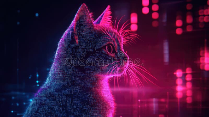 Neon futuristic cat with digital glowing lights in cyberpunk style stock image