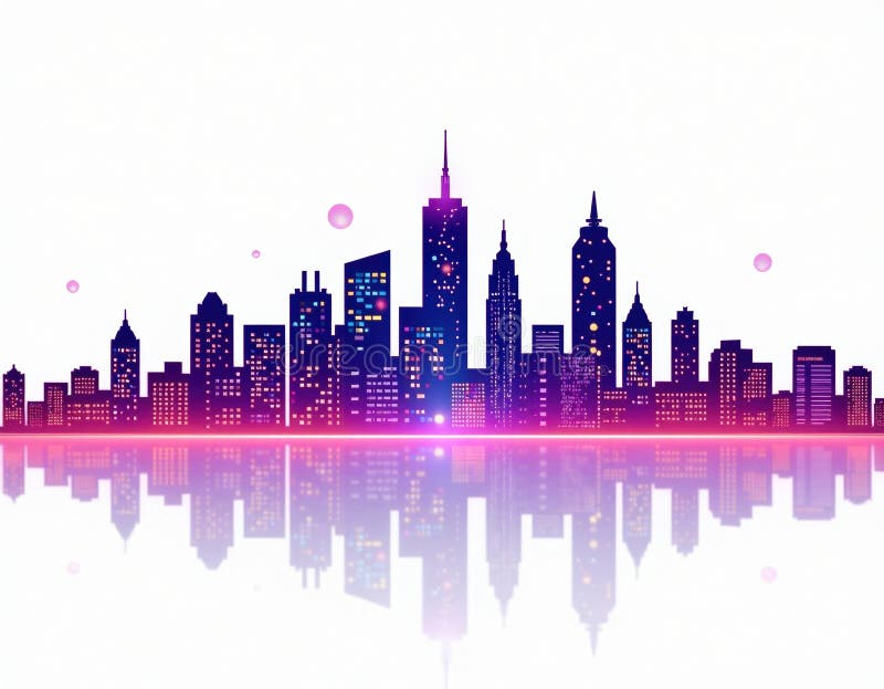 Neon Futuristic City Skyline Reflection Vector Art royalty free illustration