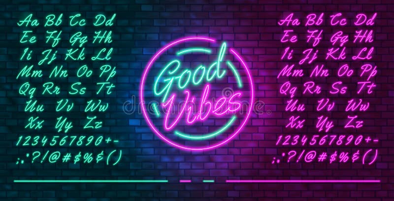 Neon futuristic font, luminous blue and pink uppercase and lowercase letters, colorful bright neon hand drawn typeface, glowing