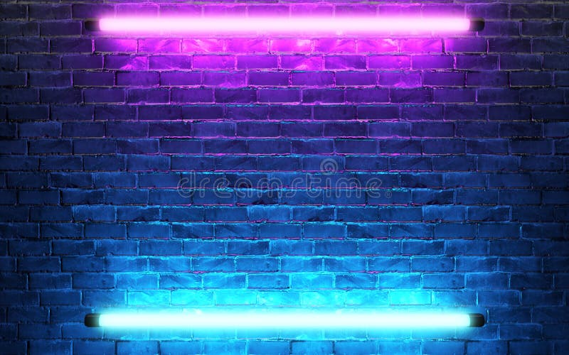 Neon futuristico moderno con luci di fondo sulla vecchia sala di muratura in mattoni 3d illustrazione di stock
