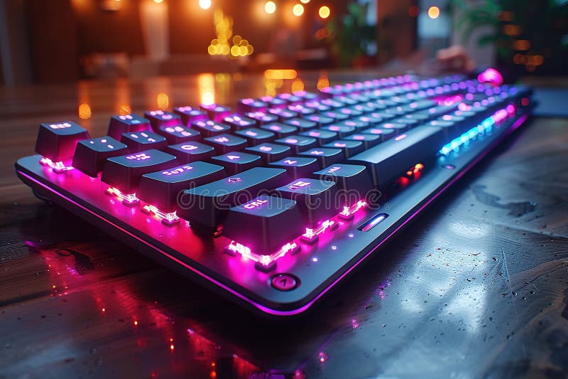 Neon gaming keyboard copy space for text, rgb keyboard computer game technology backlit tech colorful pc gamer digital modern vector illustration