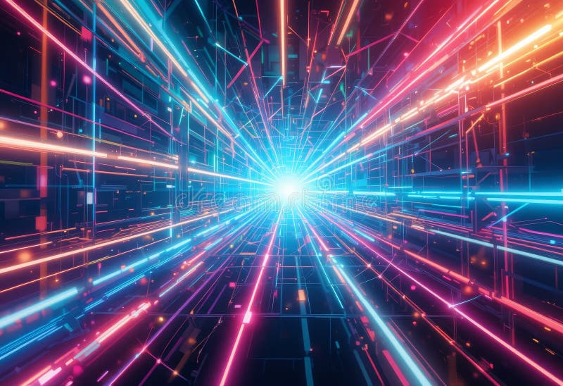 Neon geometric abstract glowing laser lines. stock photos