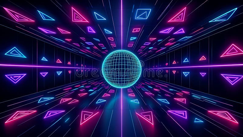 Neon Geometric Shapes and Wireframe Sphere in Digital Space vector illustration