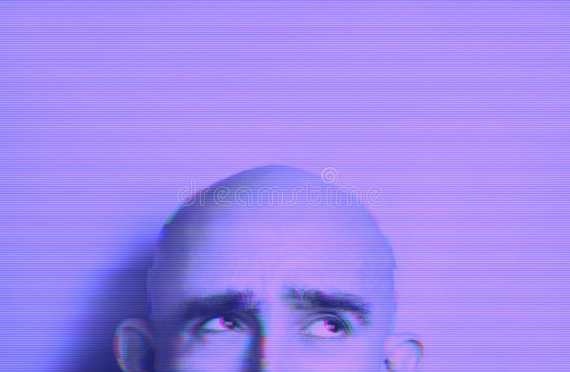 Neon glitch effect portrait of bald man.