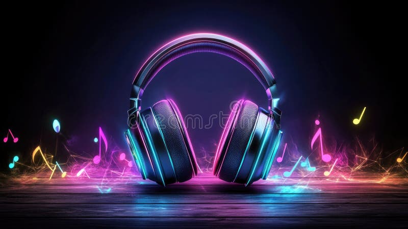 Neon glow headphones vibrant music notes on dark background royalty free stock images