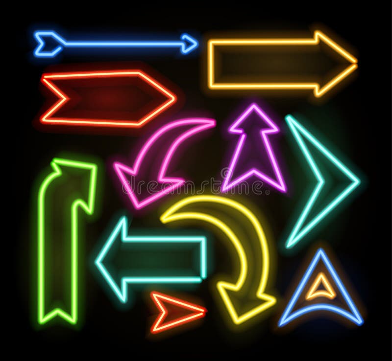 Neon glowing arrow pointer set on dark background vector illustration