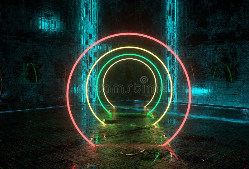 Neon Glowing Circle Round Shape Tubes On Reflection Concrete Floor royalty free illustration