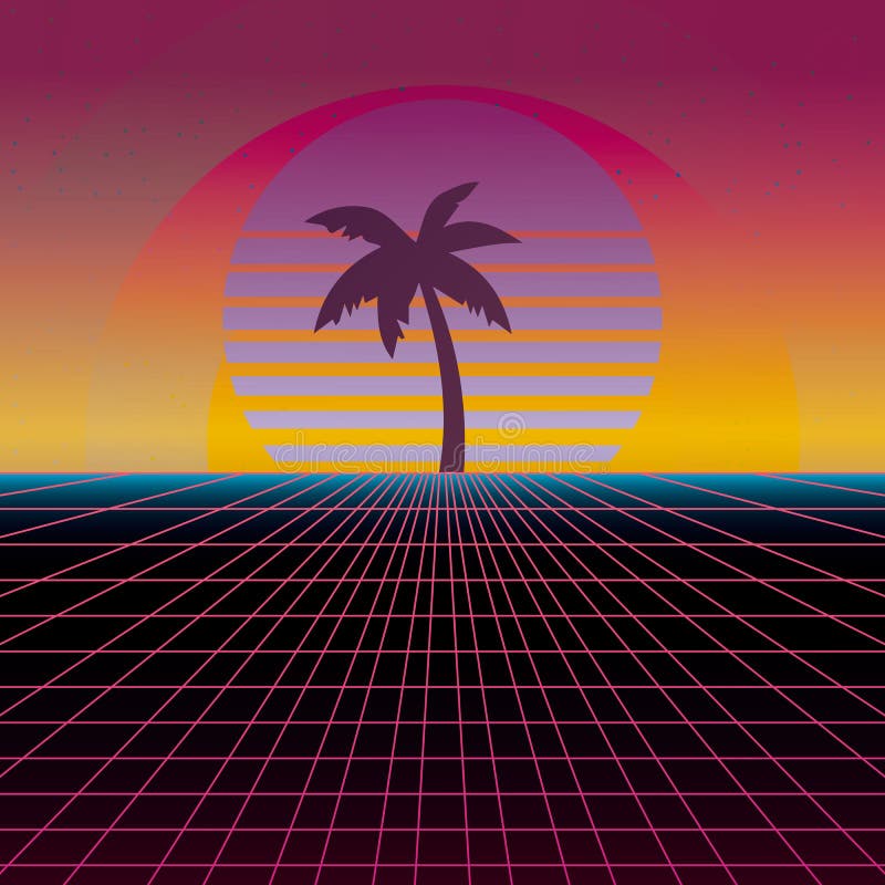 Neon Glowing Grid Rocks and Palm Trees, Futuristic Landscape Design, 3d ...