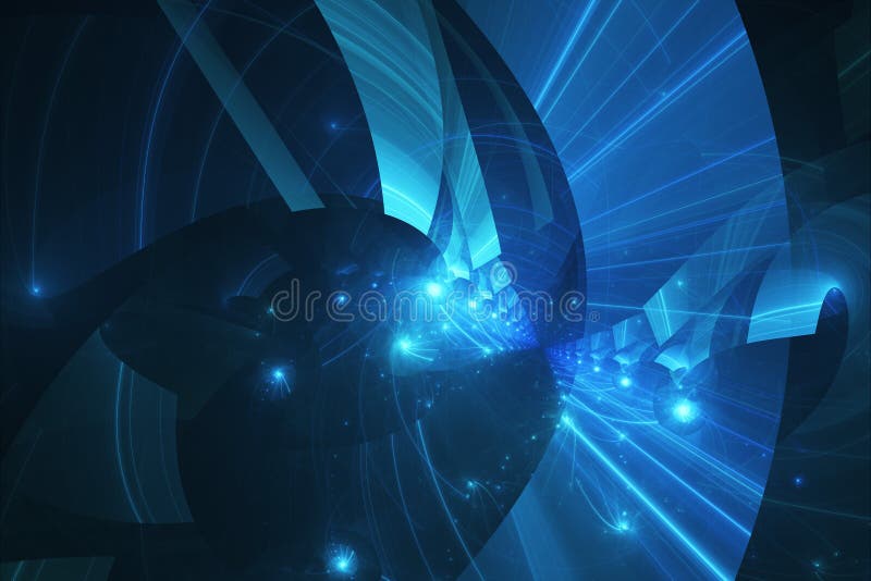 Neon glowing lines and shapes flying in the space. Geometric sci-fi structure. Abstract creative modern background