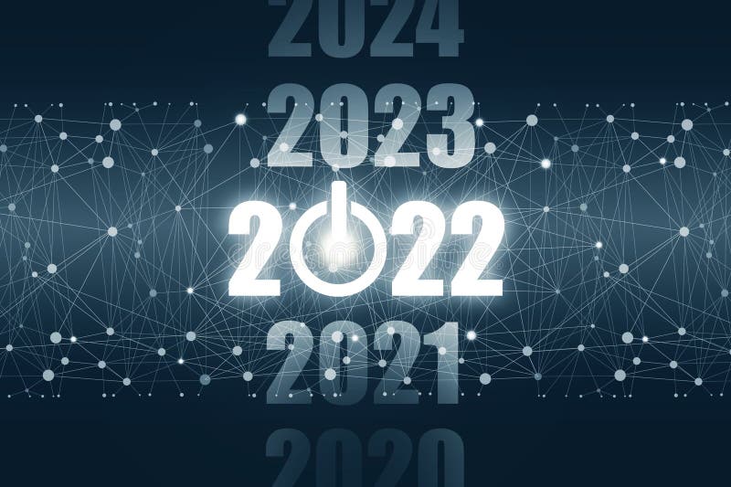 2020, 2021, 2022, 2023, 2024 neon glowing numbers on dark background. Internet grid. Power button. New Year`s banner. The concept