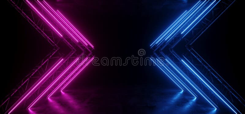 Neon Glowing Purple Blue Vibrant Sci Fi Futuristic Stage Podium Construction Metal Triangle Concrete Grunge Reflective Dark Night