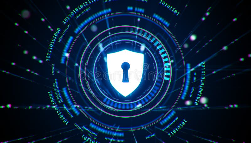 Neon glowing shield with keyhole surrounded by digital binary code and circular design. 3D Rendering vector illustration