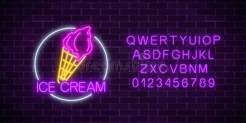 Neon glowing sign of cake with glaze in circle frame with alphabet. Fastfood light billboard symbol.