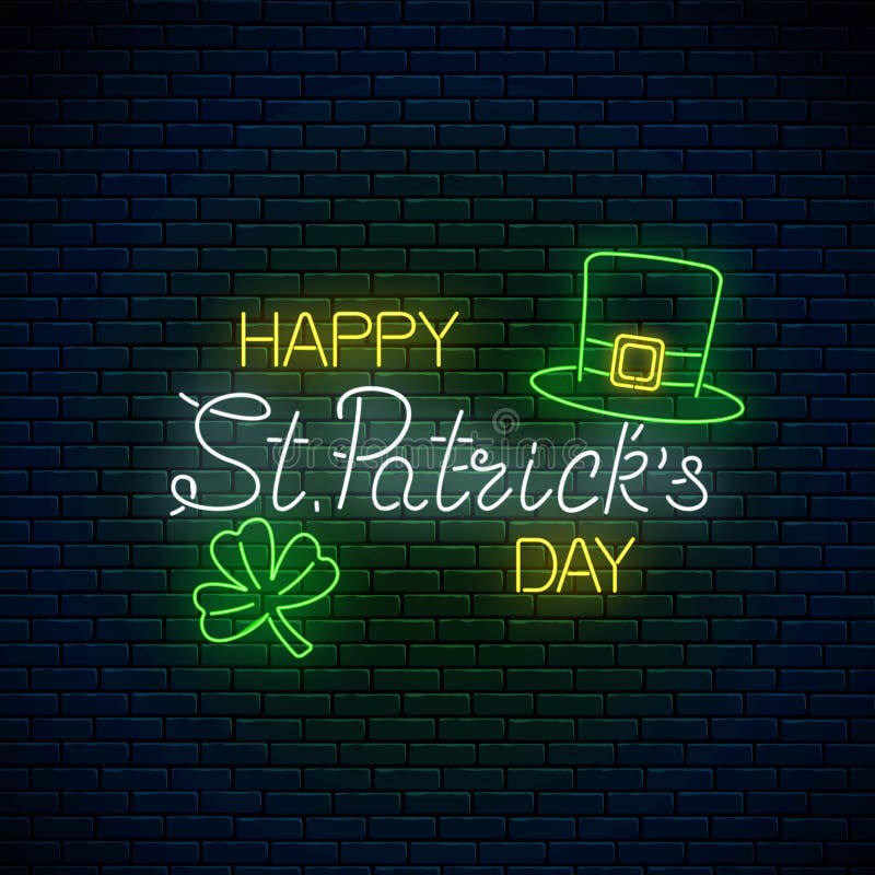 Neon glowing sign of happy st. Patrick day text leprechaun hat and clover leaf. Green shamrock and hat as Ireland symbol royalty free illustration Neon glowing sign of happy st. Patrick day text leprechaun hat and clover leaf. Green shamrock and hat as Ireland symbol royalty free illustration