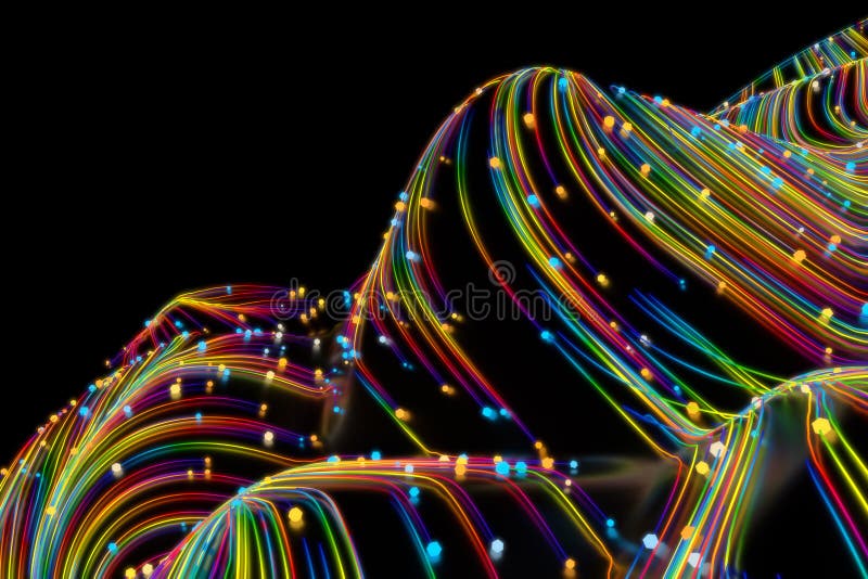 Neon glowing twisted cosmic lines on the glossy surface. Turbulence curls flow colorful motion. Fluid and smooth