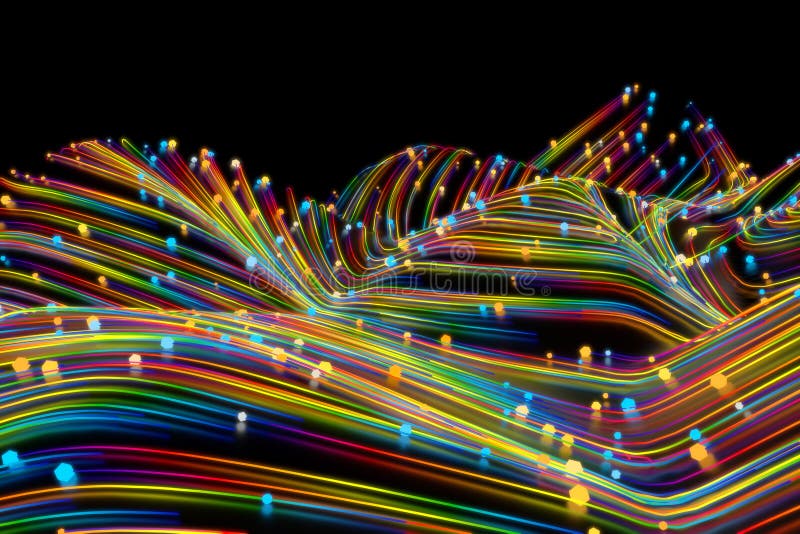 Neon glowing twisted cosmic lines on the surface of the planet. Beautiful swirls, bright turbulence curls flow colorful