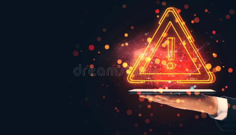 Neon glowing warning triangle with exclamation mark over tablet in a hand, dark background with floating particles stock photography