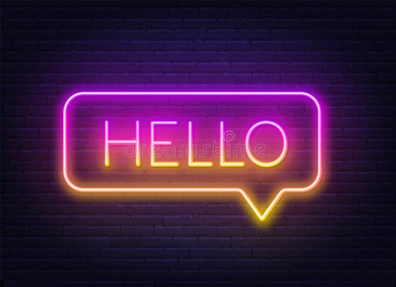 Neon gradient sign of word hello in speech bubble frame on dark background. vector illustration