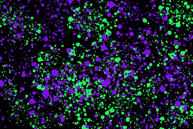 Neon green and purple paint splashes on black background. Abstract texture for web-design, digital printing or concept design