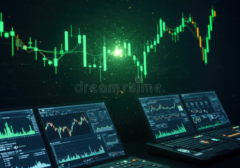 Neon Green Trading Charts with a High-tech Trading Desk Stock ...