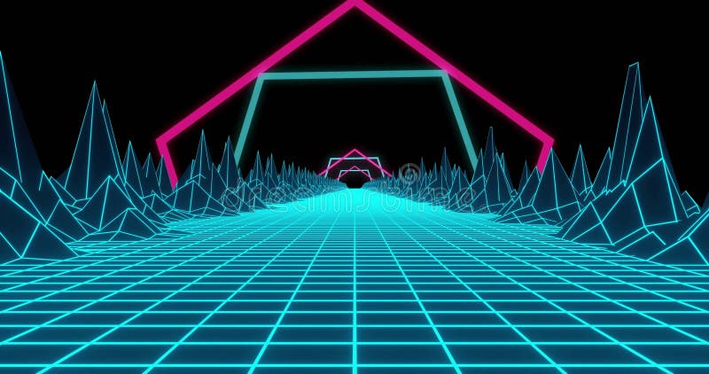Neon grid landscape with glowing geometric shapes, retro-futuristic image stock illustration