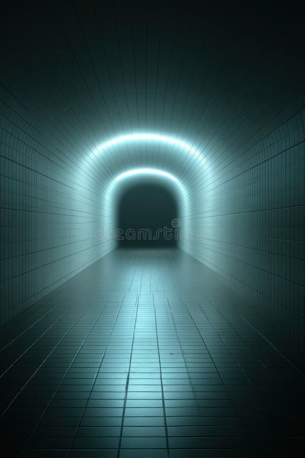 Neon grid tunnel receding darkness photorealistic glowing futuristic mysterious empty royalty free stock photo