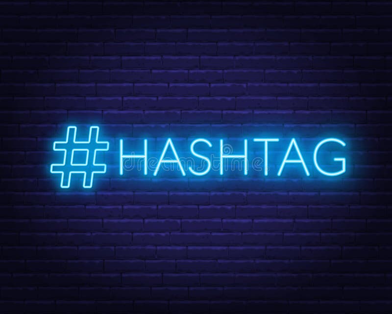 Neon Hashtag Sign in Speech Bubble on Brick Wall Background. Stock