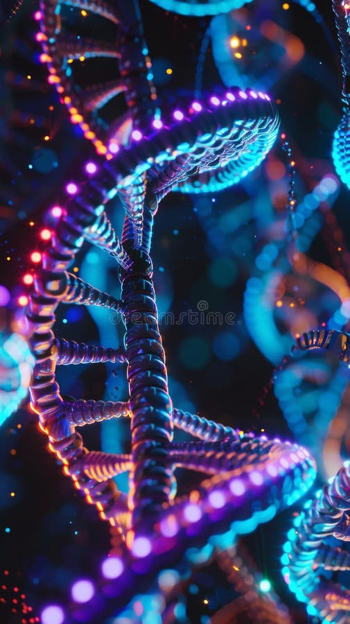 Neon Helix: Vibrant DNA Abstraction. An abstract close-up captures the intricate structure of a DNA helix, aglow with pulsating neon lights, creating a mesmerizing display of vibrant colors and dynamic energy