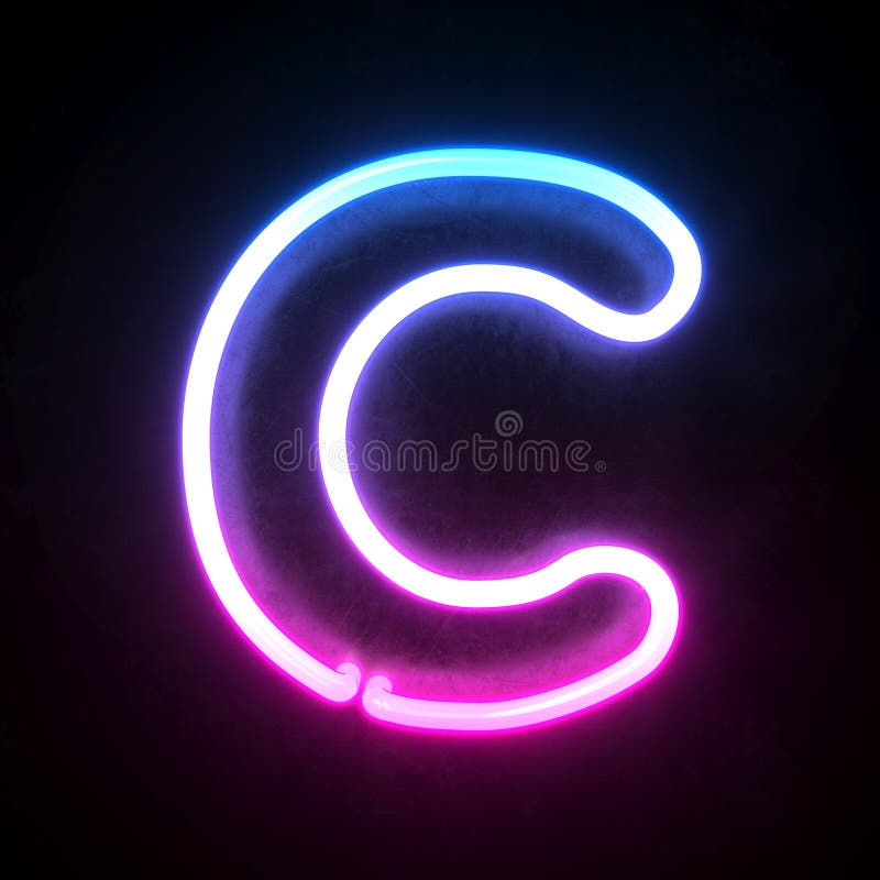 Neon-heller Neonbuchstabe c der Reproduktion 3d Blautönen und des Rosas sowie der Schrift 3d vektor abbildung