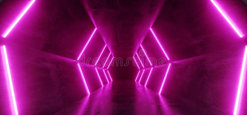 Neon Glowing Retro Futuristic Sci Fi Dance Fluorescent Luxurious Luminous Lines Pink Purple Lights In Empty Dark Stage Alien Corridor Tunnel Grunge Concrete 3D Rendering Illustration. Neon Glowing Retro Futuristic Sci Fi Dance Fluorescent Luxurious Luminous Lines Pink Purple Lights In Empty Dark Stage Alien Corridor Tunnel Grunge Concrete 3D Rendering Illustration.