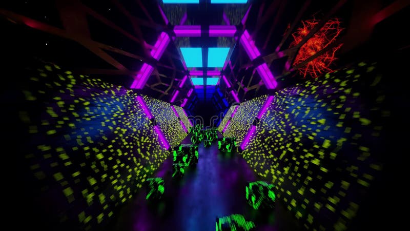 Neon hexagonal tunnel cubes verts pixel mur de particules boucle. banque de vidéos