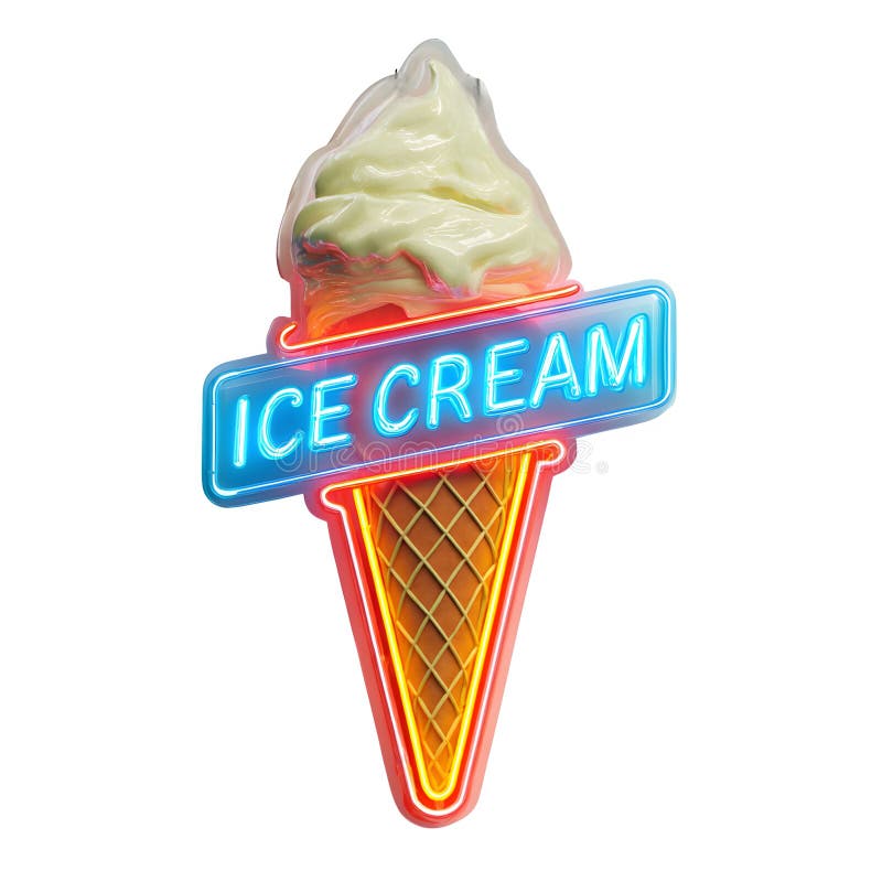 A neon ice cream sign with a cone and the words ice cream in blue letters on a white background royalty free illustration.