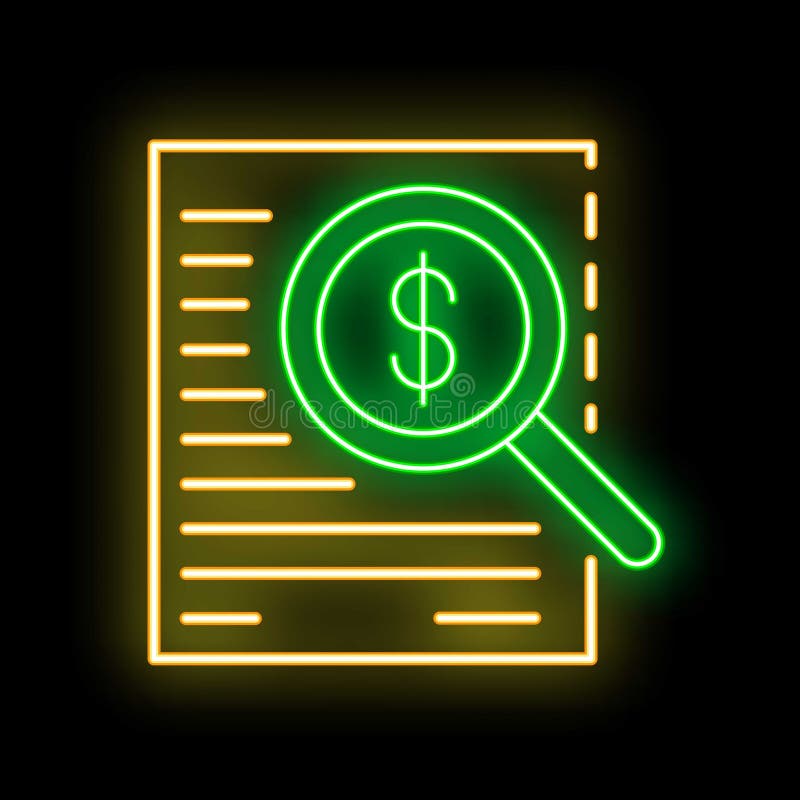 Neon icon of magnifying glass examining financial document for budget analysis vector illustration