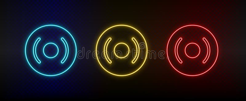 Neon icons, cd, disk, dvd. Set of red, blue, yellow neon vector icon on darken transparent background