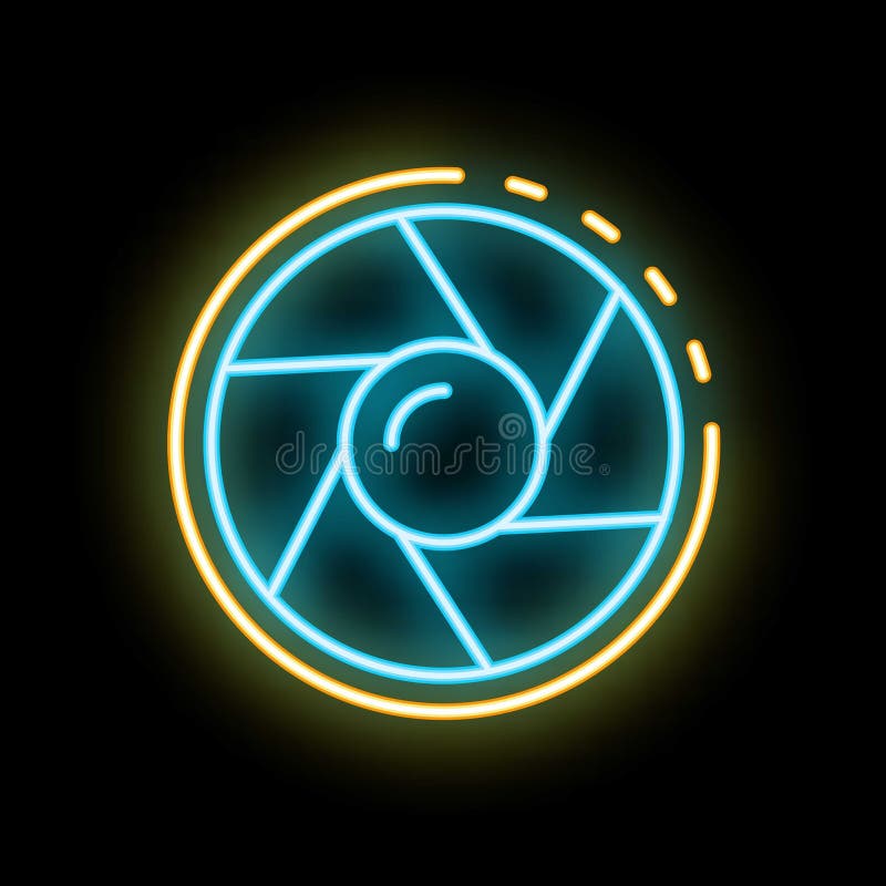 Neon ikona migawki kamery świeci na ciemnym tle ilustracji