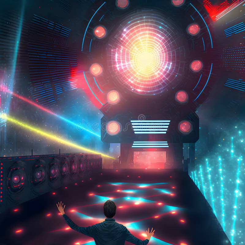 Neon Illuminated Empty Dance Floor with One Dancing Man, Neural Network