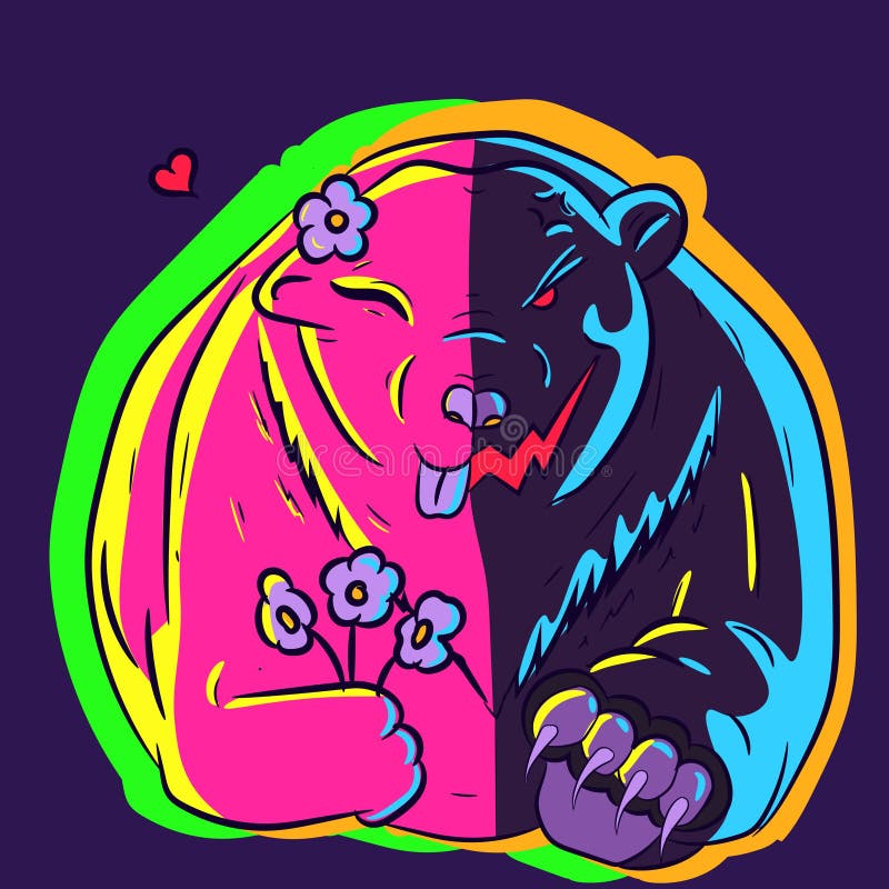 Neon Illustration of a Bipolar Polar Bear with a Happy Side and an Angry One.  Vector Art of an Arctic Animal Sitting with Flower I Stock Vector -  Illustration of happy, animal:
