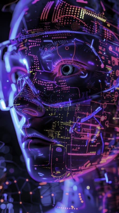într-o lume SF neon infuzată, un număr apropiat de gemeni digitali care interacționează cu realitatea augmentată bazată pe învățar royalty free illustration
