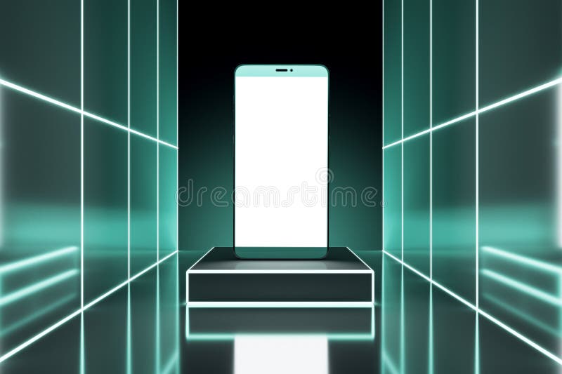Neon interiore verde e futuristico con un'immagine in alto per la pubblicità 3d che rende futuristico l'interno con le scale royalty illustrazione gratis