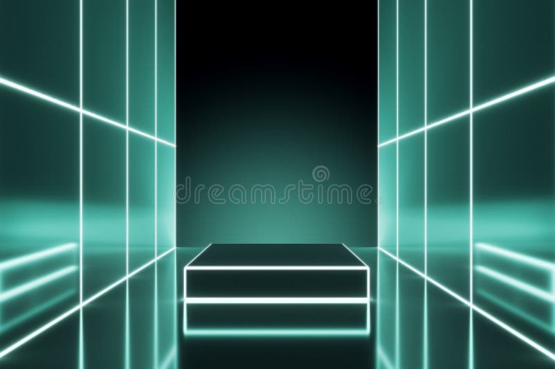Neon interiore verde e futuristico con un'immagine in alto per la pubblicità 3d che rende futuristico l'interno con le scale illustrazione di stock