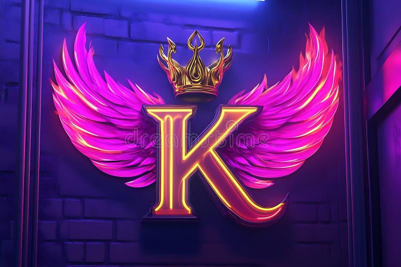 Neon King Letter K Logo Flaming Wings Golden Crown Brick Tło ilustracji