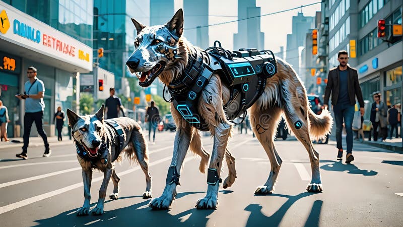 Neon Leashes : Hunde des Datenstreams durch das Gitter laufen vektor abbildung