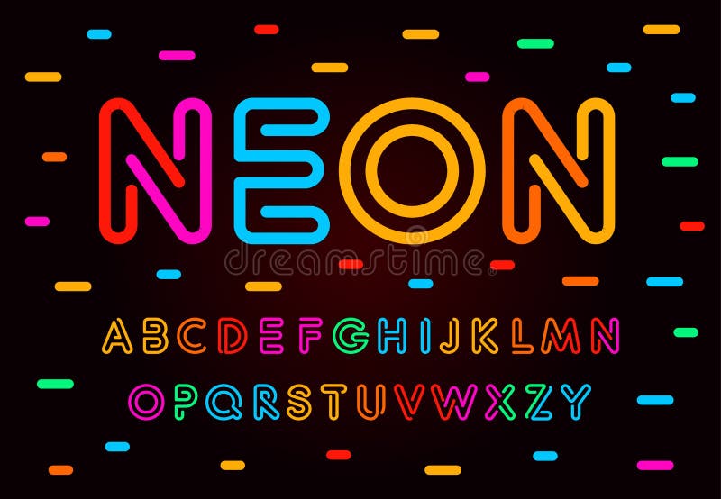 Neon letters, numbers and symbols set. Colored tube, colorul contour modern style abc, lines latin alphabet. Fonts for